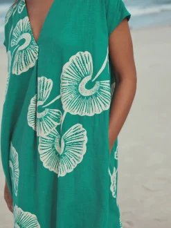 Jurken|Next - Mini Short Sleeve V-Neck Kaftan Dress with Linen Groen bloemmotief