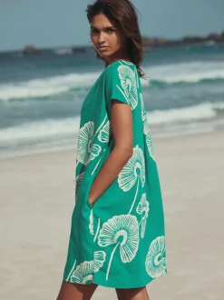 Jurken|Next - Mini Short Sleeve V-Neck Kaftan Dress with Linen Groen bloemmotief