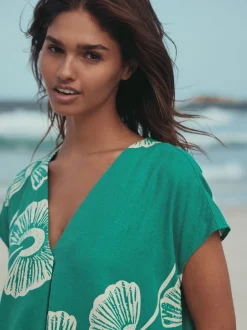 Jurken|Next - Mini Short Sleeve V-Neck Kaftan Dress with Linen Groen bloemmotief