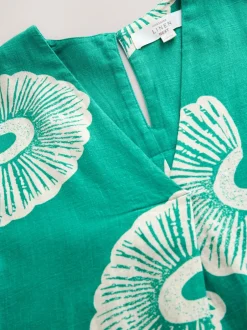 Jurken|Next - Mini Short Sleeve V-Neck Kaftan Dress with Linen Groen bloemmotief