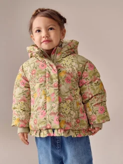 Jassen, Jacks En Kinderwagenpakjes|Jassen En Jacks|Next - Regenbestendige gewatteerde jas met ruches (3mnd -7jr) Groen bloemmotief