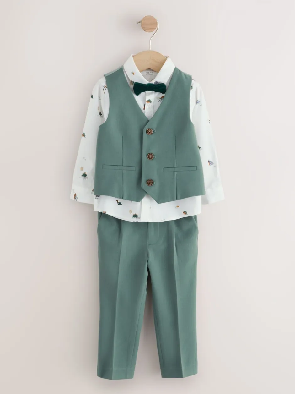 Sets En Combisets|Kostuums En Herenvesten|Next Groen dinosaurus - Set van gilet, overhemd, broek en vlinderdas (3mnd -9jr)