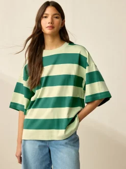 Tops En T-Shirts|Next Groen Eenkleurig - Boxy oversized T-shirt met relaxte pasvorm van zware stof en ronde hals