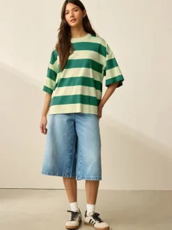 Tops En T-Shirts|Next Groen Eenkleurig - Boxy oversized T-shirt met relaxte pasvorm van zware stof en ronde hals