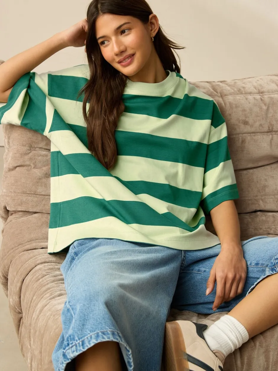 Tops En T-Shirts|Next Groen Eenkleurig - Boxy oversized T-shirt met relaxte pasvorm van zware stof en ronde hals