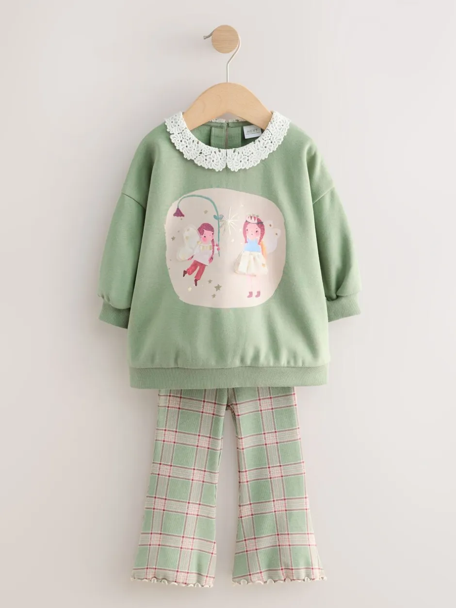 Sets En Combisets|Truien En Breisels|Next Groen elfje - Collared Sweatshirt & Flare Leggings Set (3mths-7yrs)