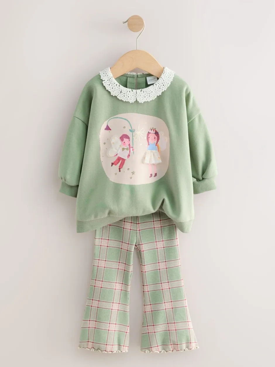 Sets En Combisets|Truien En Breisels|Next Groen elfje - Collared Sweatshirt & Flare Leggings Set (3mths-7yrs)