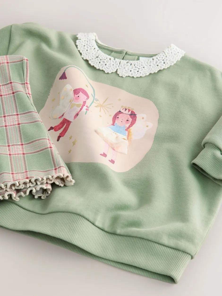 Sets En Combisets|Truien En Breisels|Next Groen elfje - Collared Sweatshirt & Flare Leggings Set (3mths-7yrs)