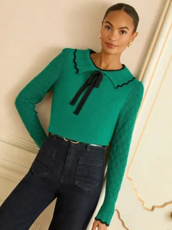 Gebreide Kleding*Love & Roses - gebreide trui met kraag Groen getipte strik