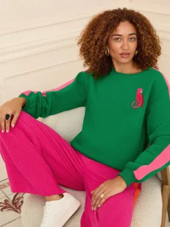 Hoody's En Sweatshirts*Love & Roses Groen luipaard met roze strepen - - Jersey sweatshirt met ronde hals