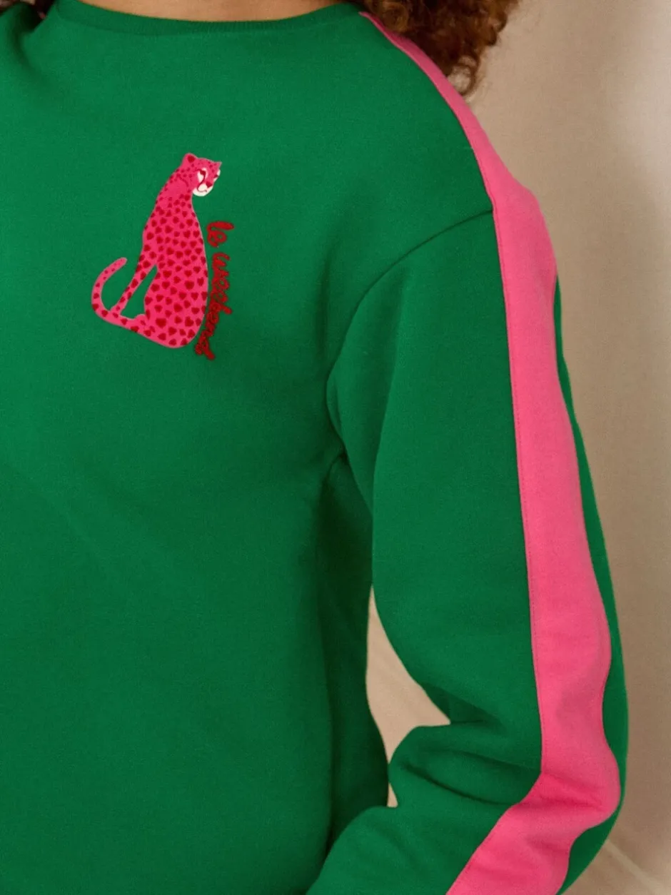 Hoody's En Sweatshirts*Love & Roses Groen luipaard met roze strepen - - Jersey sweatshirt met ronde hals