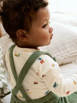 Rompertjes En Tuinbroeken*Next Groen met boerderijprint - Corduroy bretelbroeken en Bodysuit set (0mnd-2jr)