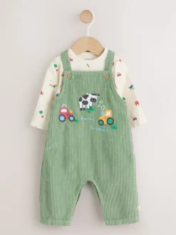 Rompertjes En Tuinbroeken*Next Groen met boerderijprint - Corduroy bretelbroeken en Bodysuit set (0mnd-2jr)