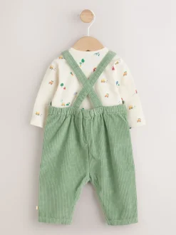 Rompertjes En Tuinbroeken*Next Groen met boerderijprint - Corduroy bretelbroeken en Bodysuit set (0mnd-2jr)