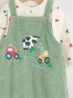 Rompertjes En Tuinbroeken*Next Groen met boerderijprint - Corduroy bretelbroeken en Bodysuit set (0mnd-2jr)