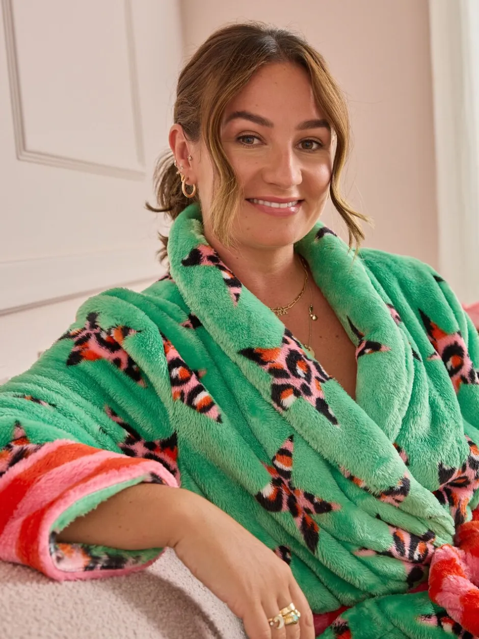 Badjassen|Eleanor Bowmer - Leopard Print Fleece Robe Groen met luipaardprint