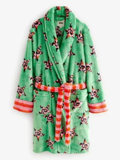 Badjassen|Eleanor Bowmer - Leopard Print Fleece Robe Groen met luipaardprint