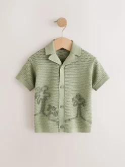 Truien En Breisels|Next - Gebreid poloshirt met reverskraag en korte mouwen met textuur (3mnd -7jr) Groen met palmenprint
