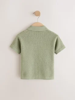 Truien En Breisels|Next - Gebreid poloshirt met reverskraag en korte mouwen met textuur (3mnd -7jr) Groen met palmenprint