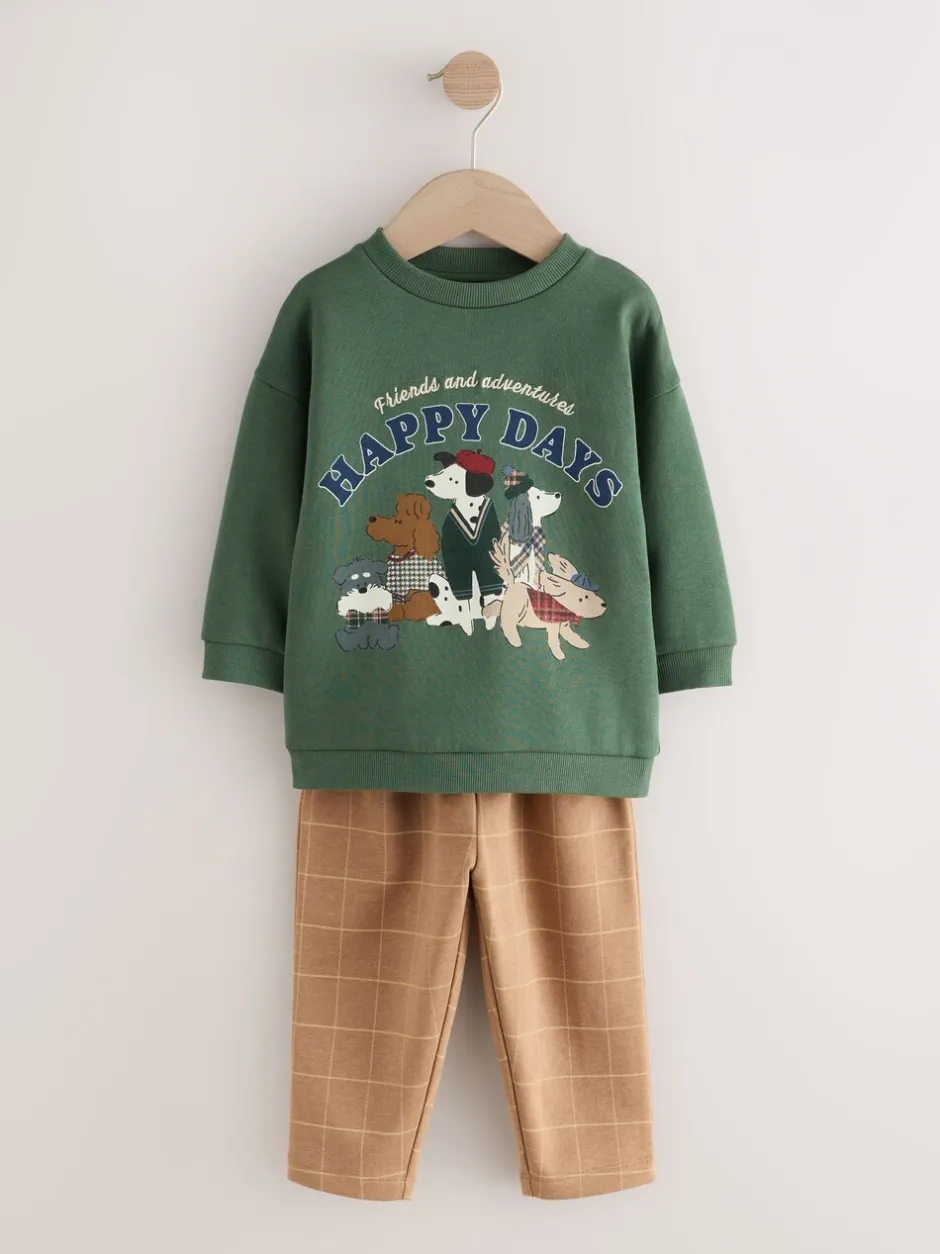 Sets En Combisets|Truien En Breisels*Next Groen/bruine hond - Set met sweatshirt en joggingbroek (3mnd -7jr)