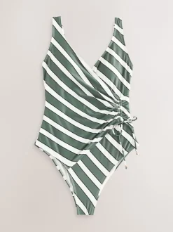Badkleding|Next Groen/crème Strepen - Badpak met vormgevende zijrimpeling en buikcorrectie