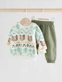 Truien En Breisels|Joggingbroeken|Next - Set van fleece top en joggingbroek voor baby's (0mnd -2jr) Groene beer Fairisle