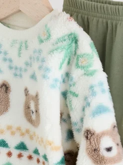 Truien En Breisels|Joggingbroeken|Next - Set van fleece top en joggingbroek voor baby's (0mnd -2jr) Groene beer Fairisle
