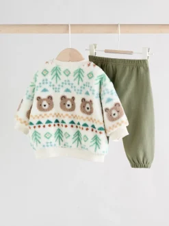 Truien En Breisels|Joggingbroeken|Next - Set van fleece top en joggingbroek voor baby's (0mnd -2jr) Groene beer Fairisle