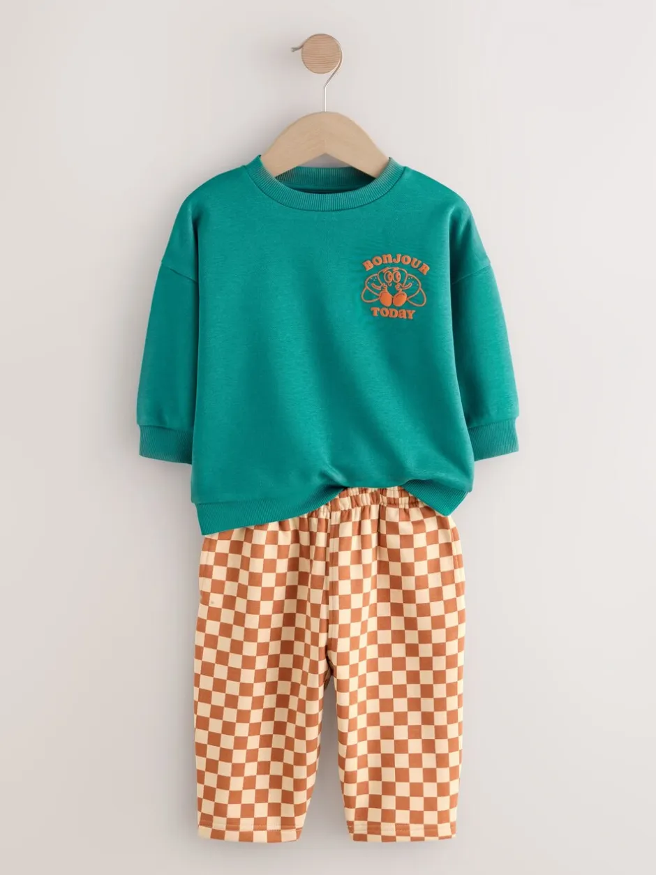 Sets En Combisets|Truien En Breisels|Next Groene croissant - Set met sweatshirt en joggingbroek met strepen (3mnd-7jr)