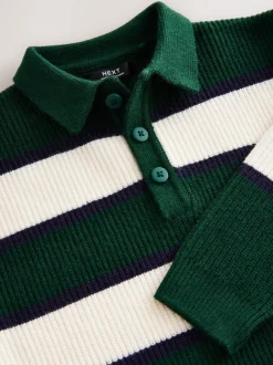Truien En Breisels|Next - Gebreid rugbyshirt (3-16jr) Groen/ecru gestreept