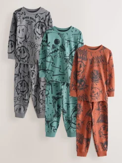 Pyjama's|Nachtkleding En Pyjama's|Next Groen/oranje graffiti-schedel - Verpakking van 3 pyjama's met lange mouwen (3-16 jr)