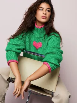 Gebreide Kleding|Next - Grof gebreide Staande Hals Trui Met Wol Groen/roze hart