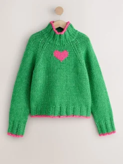 Gebreide Kleding|Next - Grof gebreide Staande Hals Trui Met Wol Groen/roze hart