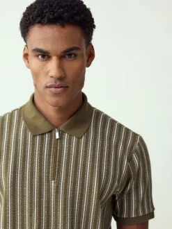 Poloshirts|T-Shirts En Hemden*Next Groen/wit - Verticaal gestreepte polo met korte rits