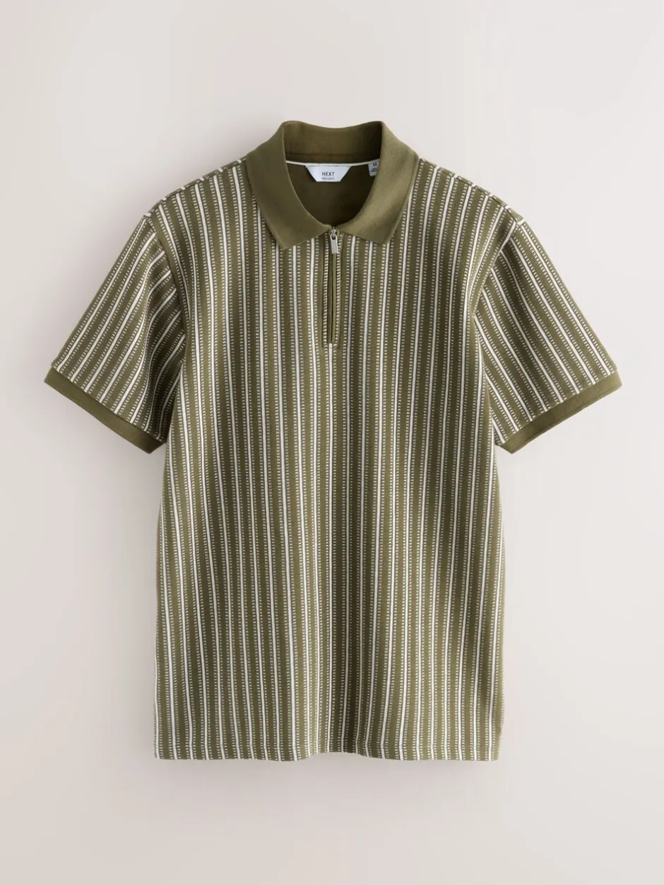 Poloshirts|T-Shirts En Hemden*Next Groen/wit - Verticaal gestreepte polo met korte rits