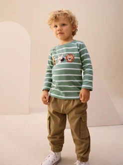 Tops|T-Shirts|Next Groen/wit gestreepte safari - T-shirt met applicatie en lange mouwen (3 mnd-7 jr)