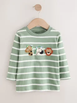 Tops|T-Shirts|Next Groen/wit gestreepte safari - T-shirt met applicatie en lange mouwen (3 mnd-7 jr)