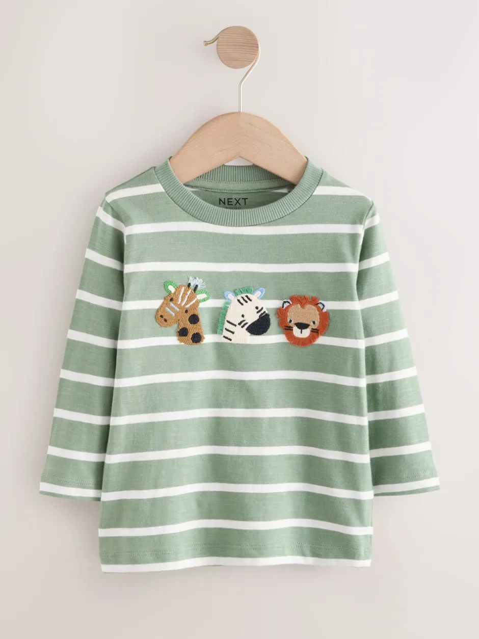 Tops|T-Shirts|Next Groen/wit gestreepte safari - T-shirt met applicatie en lange mouwen (3 mnd-7 jr)