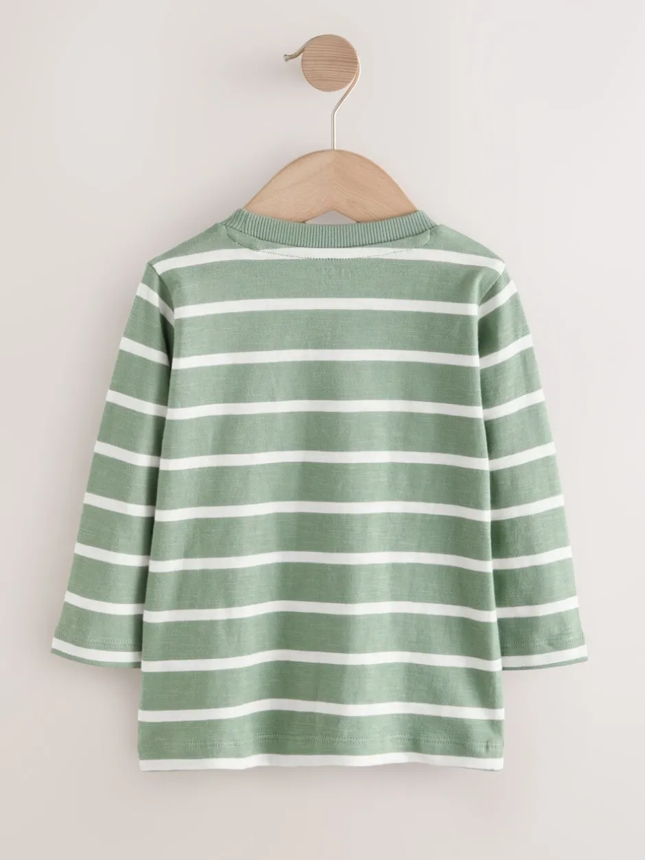 Tops|T-Shirts|Next Groen/wit gestreepte safari - T-shirt met applicatie en lange mouwen (3 mnd-7 jr)