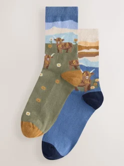 Sokken En Panty's*Next - Warm Handle Cotton Ankle Socks 2 Pack Hamish The Highland Cow Scene