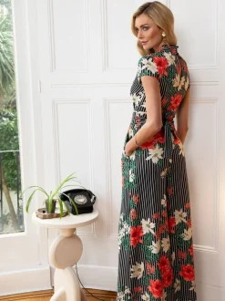 Jumpsuits En Playsuits|Hot Squash HotSquash - Zwarte gebloemde jumpsuit met krijtstreep en wijde pijpen