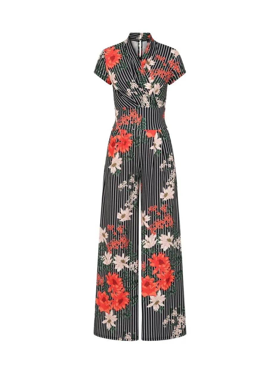 Jumpsuits En Playsuits|Hot Squash HotSquash - Zwarte gebloemde jumpsuit met krijtstreep en wijde pijpen