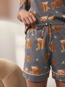 Pyjama's|Loungewear*Next - Set van 100% katoenen shortpyjama Houtskoolgrijze Hamish The Highland Cow
