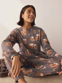 Pyjama's|Alle Nacht- En Loungekleding|Next Houtskoolgrijze Hamish The Highland Cow - Pyjama met lange mouwen