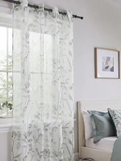 Gordijnen|Gordijnen|Next Isla - Ongevoerde voile ringgordijnen met doorschijnend inzetstuk en bloemenprint Grijs-groen
