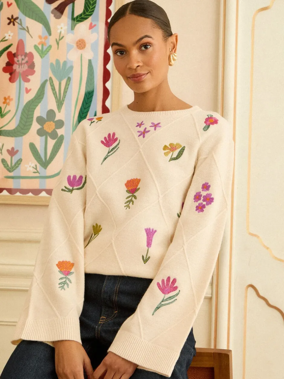 Gebreide Kleding|Love & Roses - Embroidered Detail Knitted Jumper Ivoor