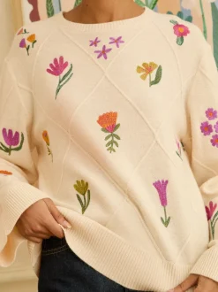 Gebreide Kleding|Love & Roses - Embroidered Detail Knitted Jumper Ivoor