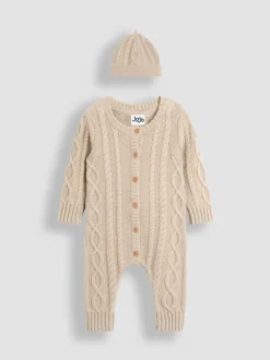 Rompertjes En Tuinbroeken*Jojo Maman Bébé Cable Knit All-In-One With Hat