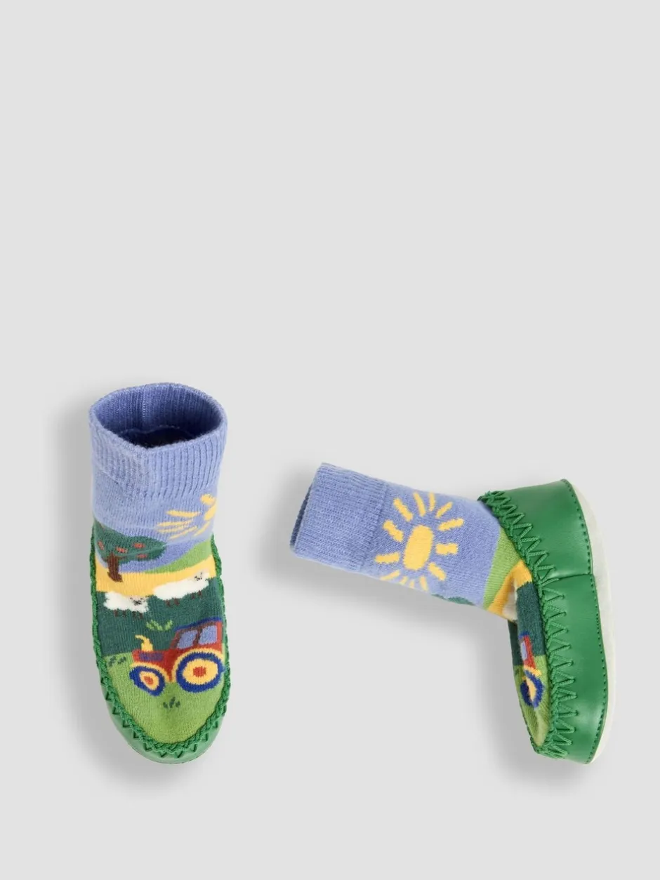 Pantoffels|Pantoffels|Jojo Maman Bébé mocassinsokken met boerderijscène