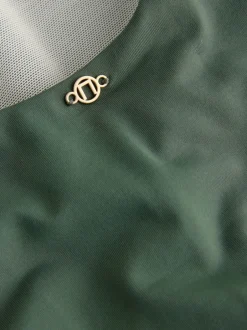 Badkleding|Next - Hoogsluitende halterbadpak met buikcorrectie Kaki/crèmekleurig